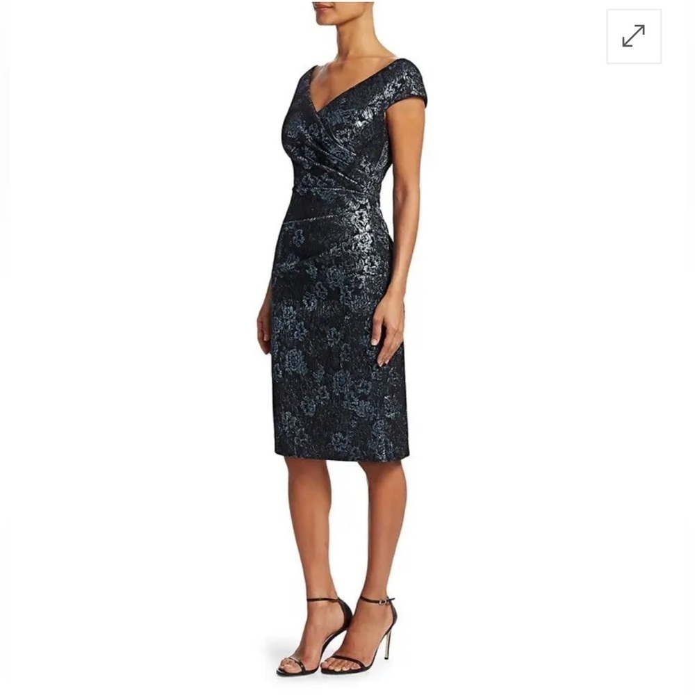 RICKIE FREEMAN FOR TERI JON Off-Shoulder Ruched Jacquard Sheath Dress - Picture 2 of 8